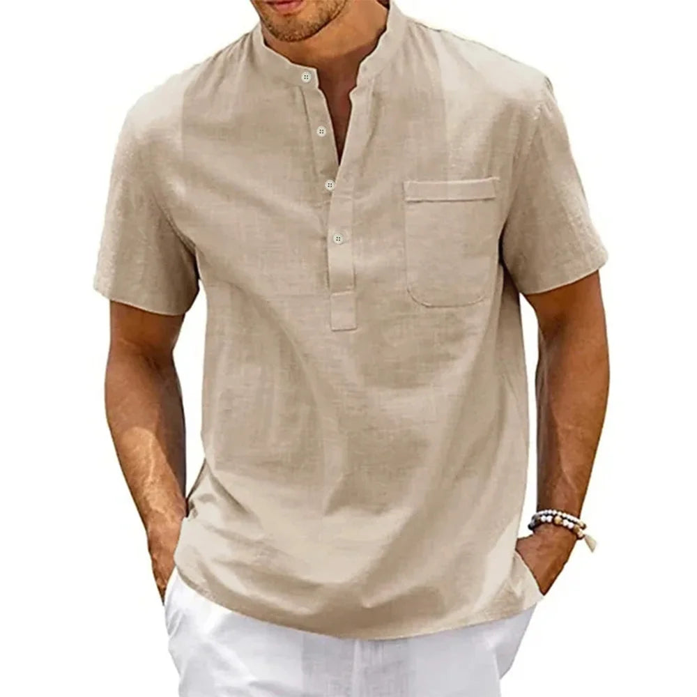 Men's Cotton Linen Henley Beach Short Sleeve Shirt — Lightweight Summer Casual Shirt