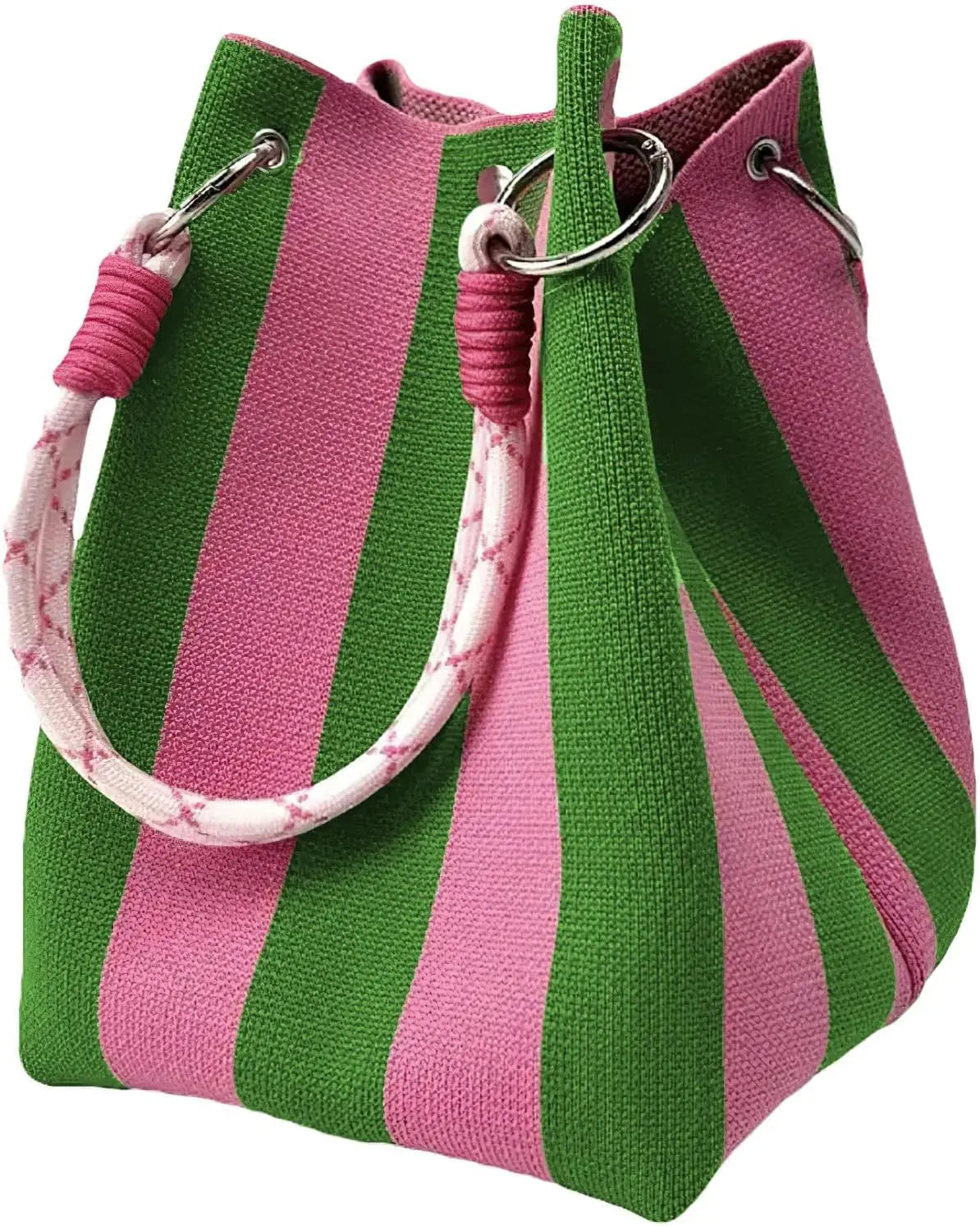 Mini Knitted Geometric Colorblock Bucket Bag – Detachable Handle Wristlet Purse for Women