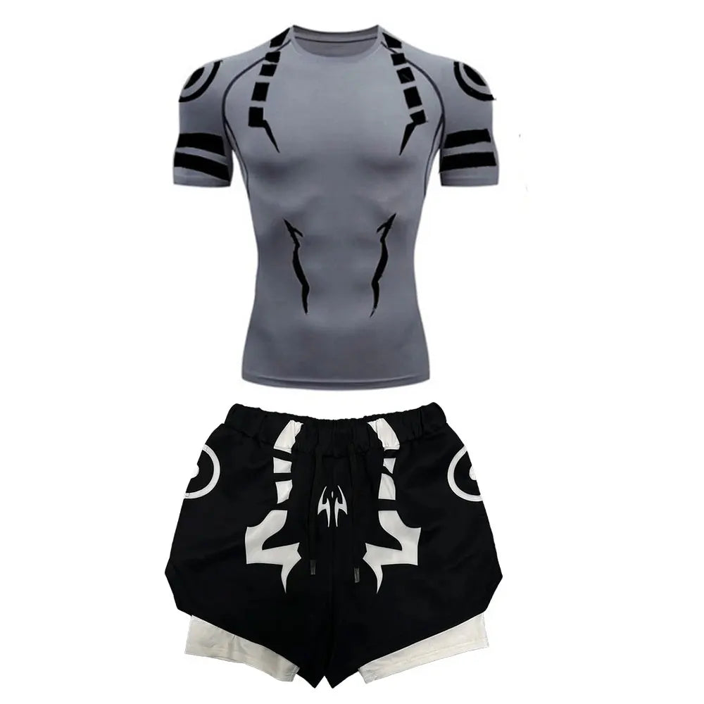 Anime Jujutsu Kaisen 3D Compression Shirt & Gym Shorts – Quick Dry Running Workout Sportswear