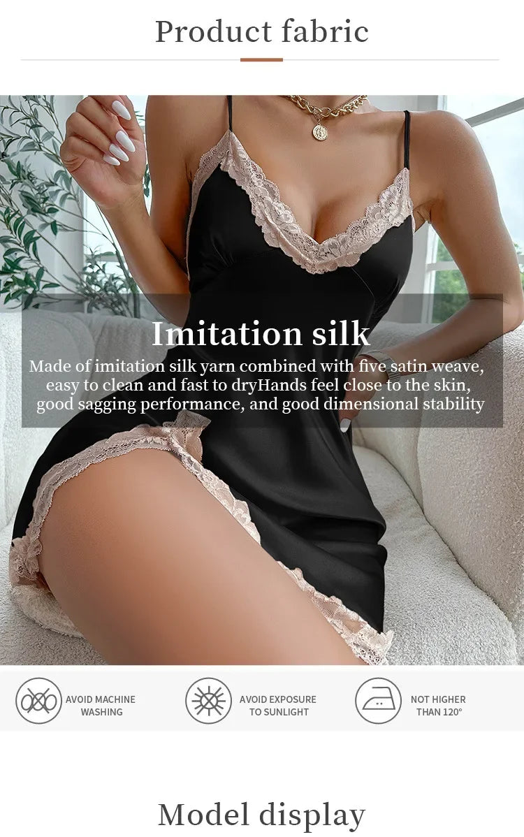 Contrast Lace Satin Nightdress — Deep V Backless Lace-Up Slip Sleep Dress