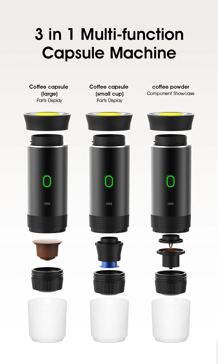 DENOKIN 3-in-1 Portable Espresso Coffee Machine — 20 Bar Pressure, USB-C Charging, Capsule & Ground Coffee Compatible for Travel, Car & Home