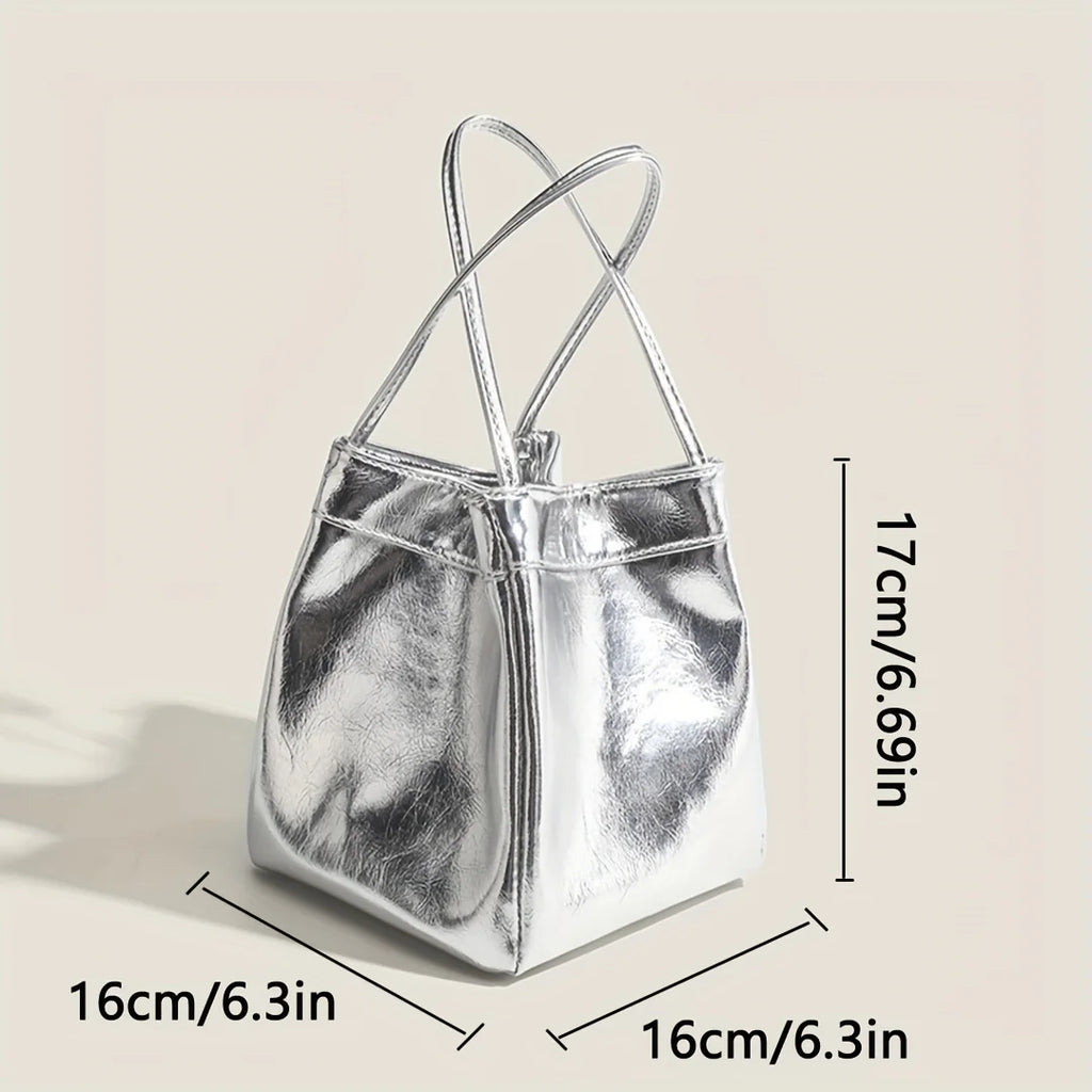 Sparkling Silver Glittery Mini Drawstring Bucket Bag – PU Crossbody Handbag with Wallet for Women