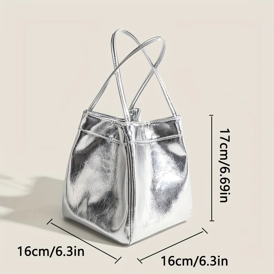 Sparkling Silver Glittery Mini Drawstring Bucket Bag – PU Crossbody Handbag with Wallet for Women