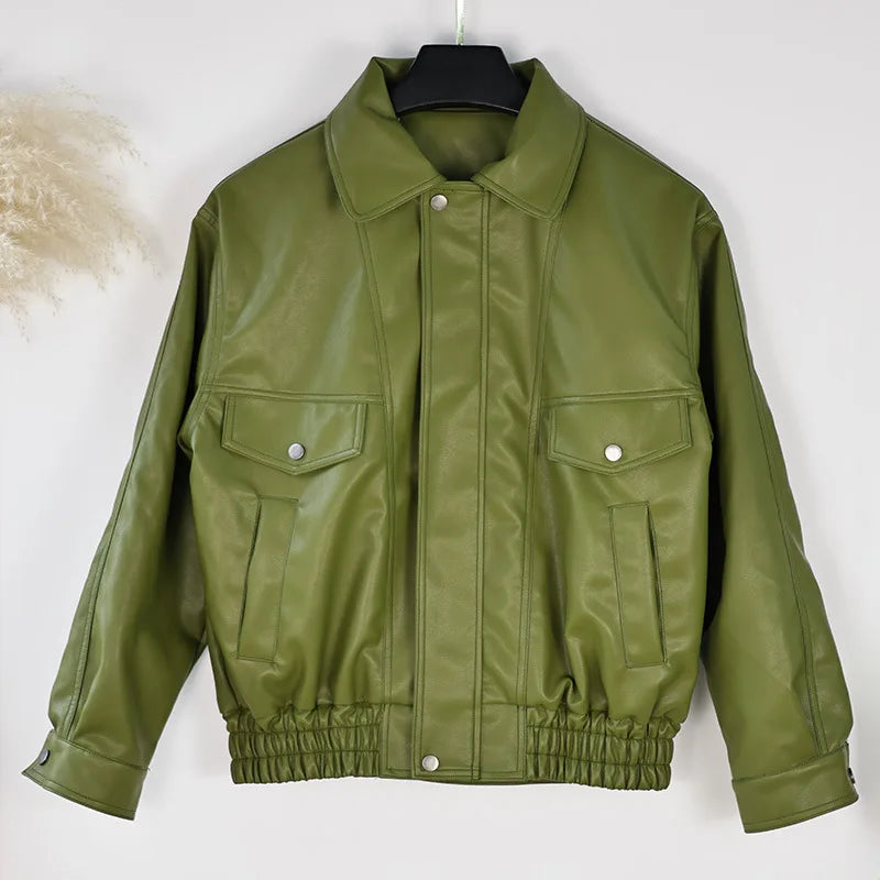 Women's Green Faux Leather Jacket – Loose Fit Lapel