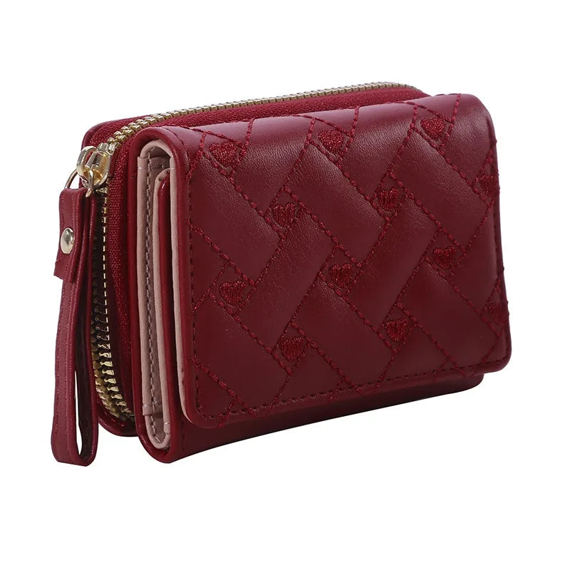 Women's Tri-Fold Wallet – Embroidered Love Pattern, Multi-Slot Card Holder