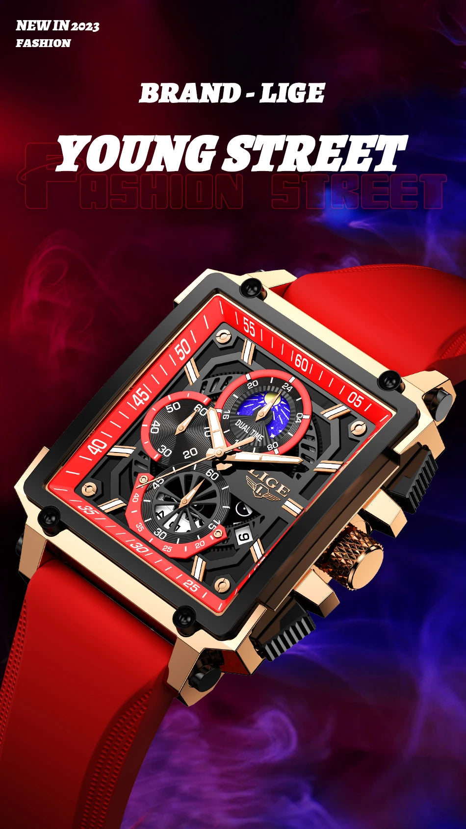 LIGE Men's Hollow Square Sport Watch | Fashion Silicone Strap Waterproof Quartz Wristwatch with Box
