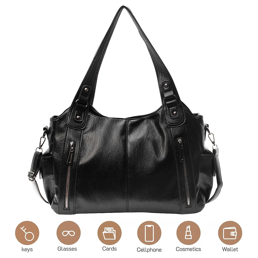 PU Leather Tote Bag with Zipper for Women — Multi-Pocket Shoulder Bag, Retro Crossbody Handbag
