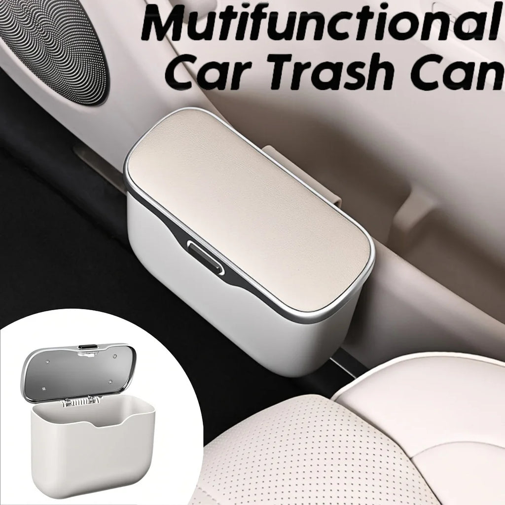 Car cup holder with a small trash can attached inside a vehicle.