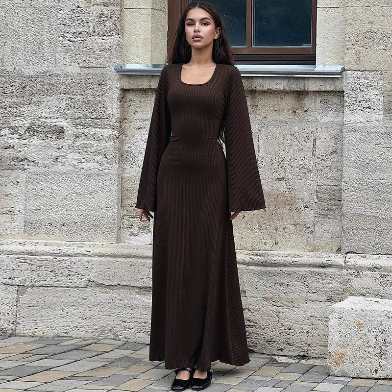 Long Flare Sleeve Maxi Dress — Slim Lace-Up Floor-Length Casual Office Dress