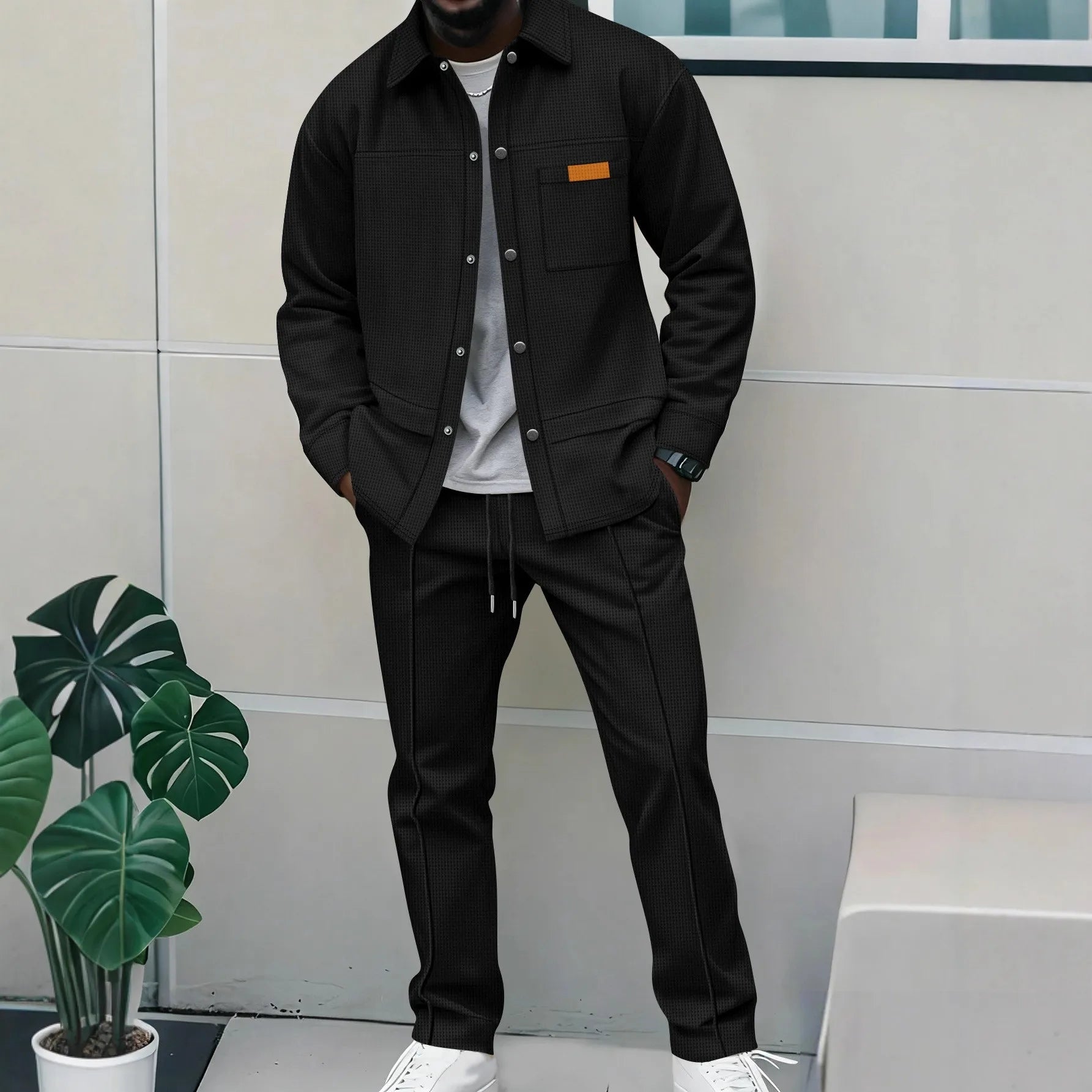 Men's Waffle Knit Button-Down Long Sleeve Jacket & Pants Set – Plain Color Casual Suit