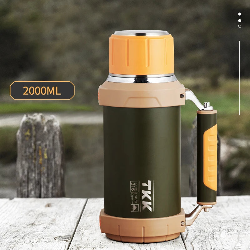 TKK 2000ml 316 SS Vacuum Thermos Flask with Rope – BPA-Free, Hot & Cold, Ergonomic Spout, 68oz Large Capacity
