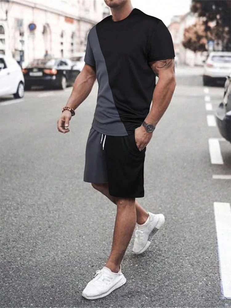 Men's Pattern Print Short Sleeve T-Shirt & Elastic Waist Sports Shorts 2-Piece Set