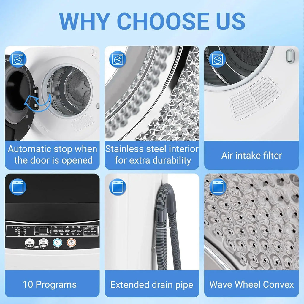 1.6 Cu Ft Portable Clothes Dryer & 16 LBS Full Automatic Washing Machine Set — Stainless Washer & Spinner Combo