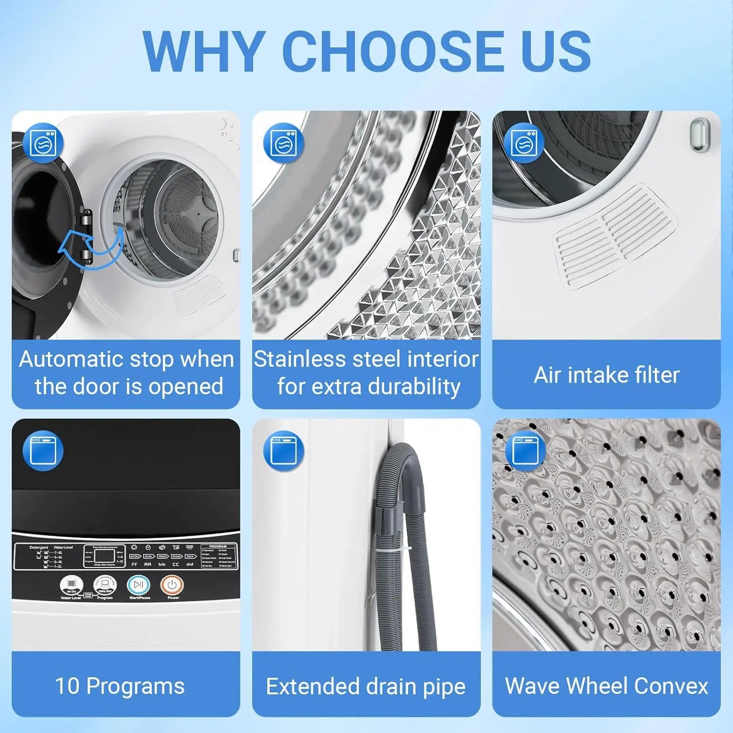 1.6 Cu Ft Portable Clothes Dryer & 16 LBS Full Automatic Washing Machine Set — Stainless Washer & Spinner Combo