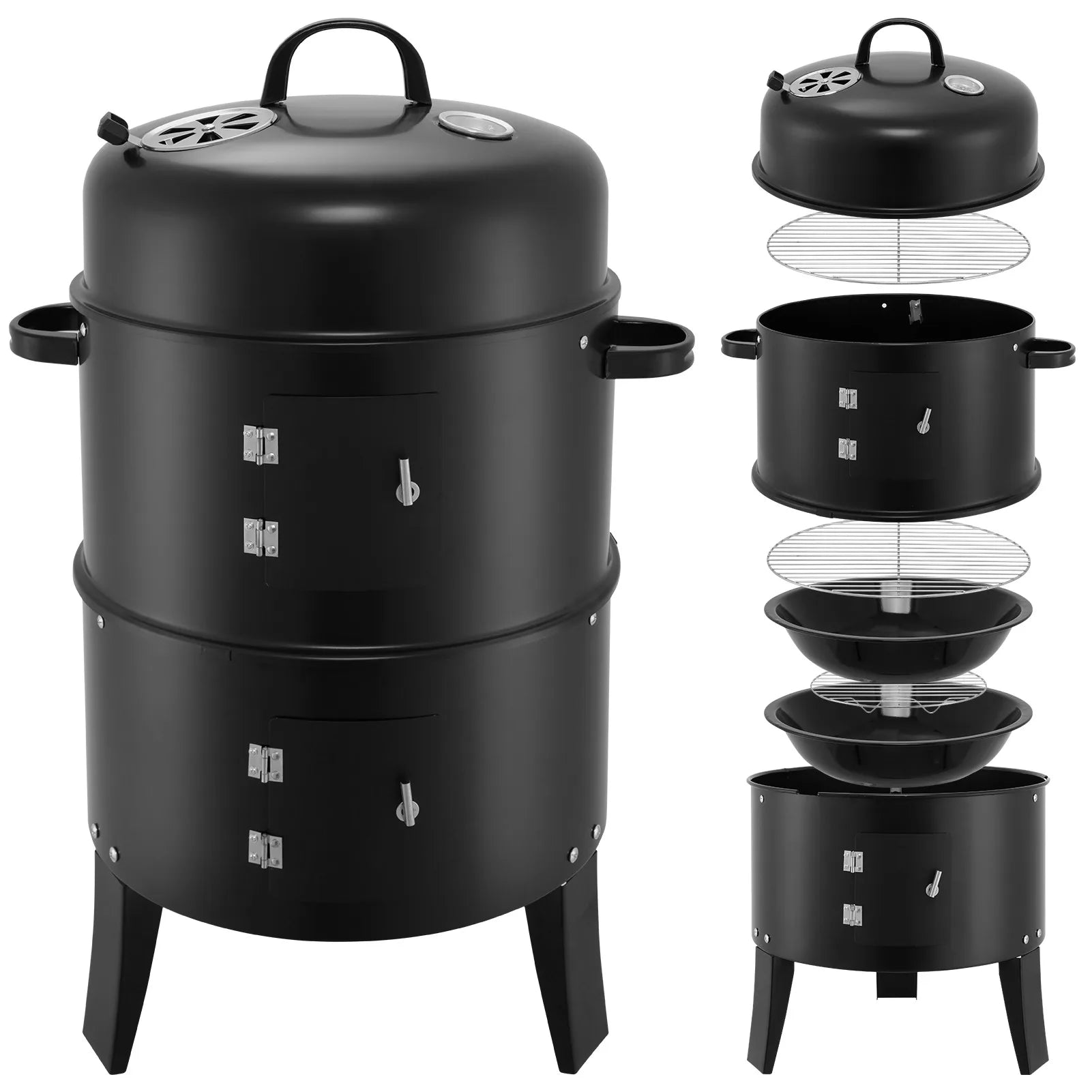 3-in-1 Vertical Portable Smoker Grill | 400 Sq. In., Detachable 2-Layer Design, Built-in Thermometer, Camping & Backyard BBQ
