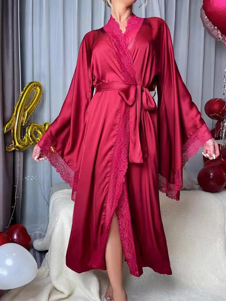Women's Lace Patchwork Kimono Robe | Flare Sleeve Bridal Wedding Loungewear