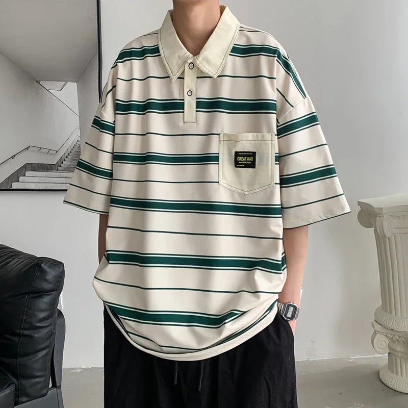 Men's Striped Polo Shirt — Loose Fit Short Sleeve Casual Summer Top