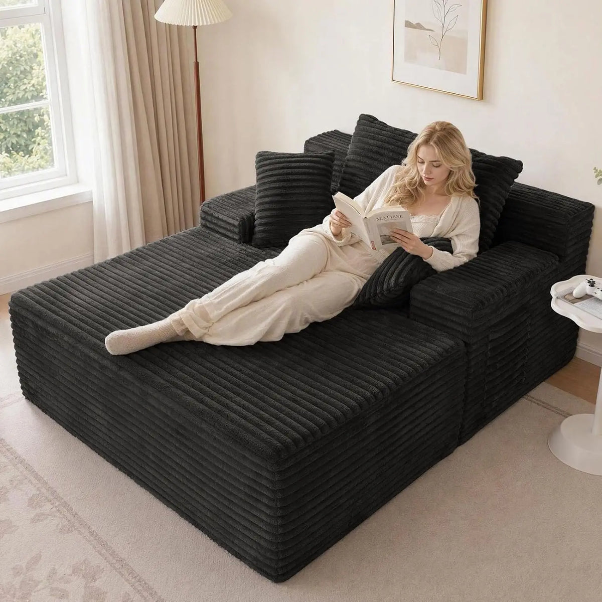Oversized Corduroy Chaise Lounge with Cup Holders