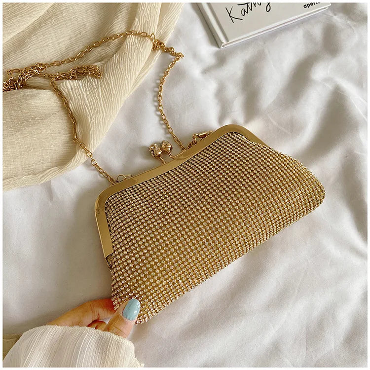 Golden Metal Bow Evening Clutch Bag – Shiny Bridal Chain Shoulder Bag for Wedding & Party
