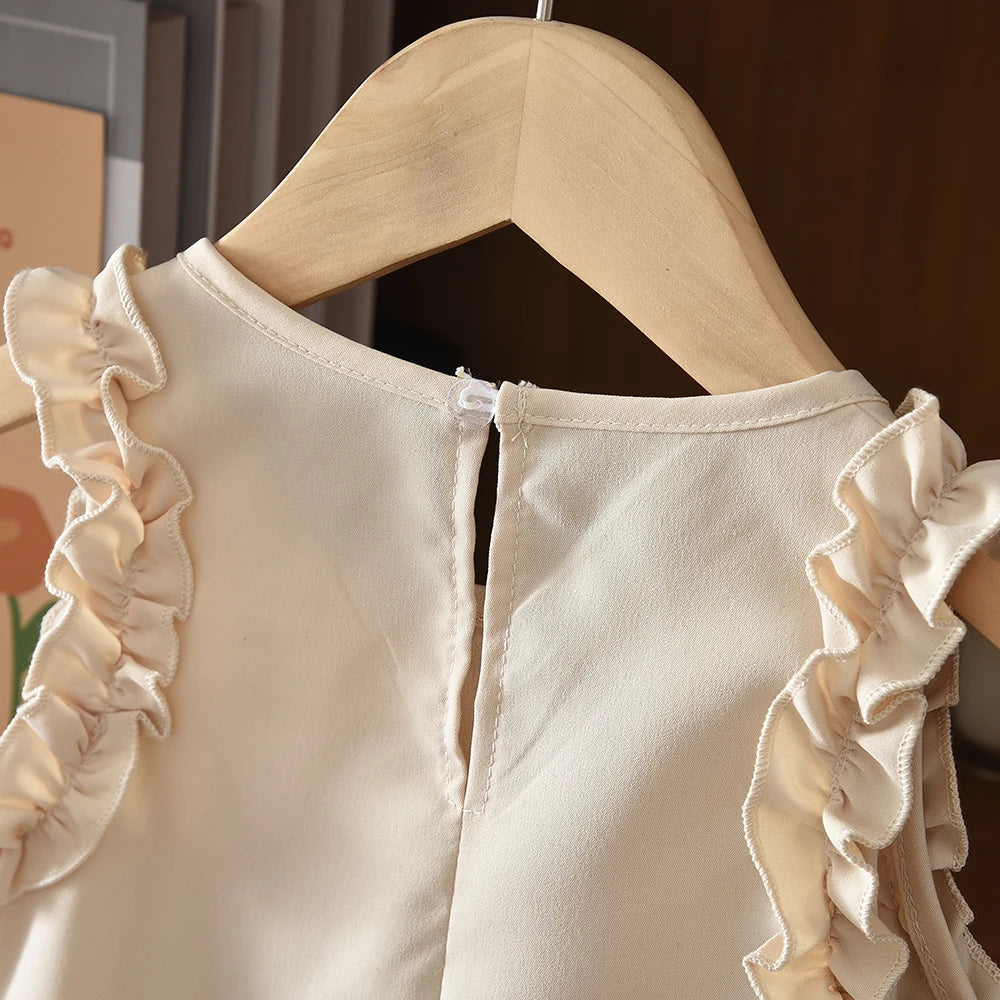 Korean Sleeveless Pleated Girls Dress — Solid Color Round Neck Summer Kids Dress