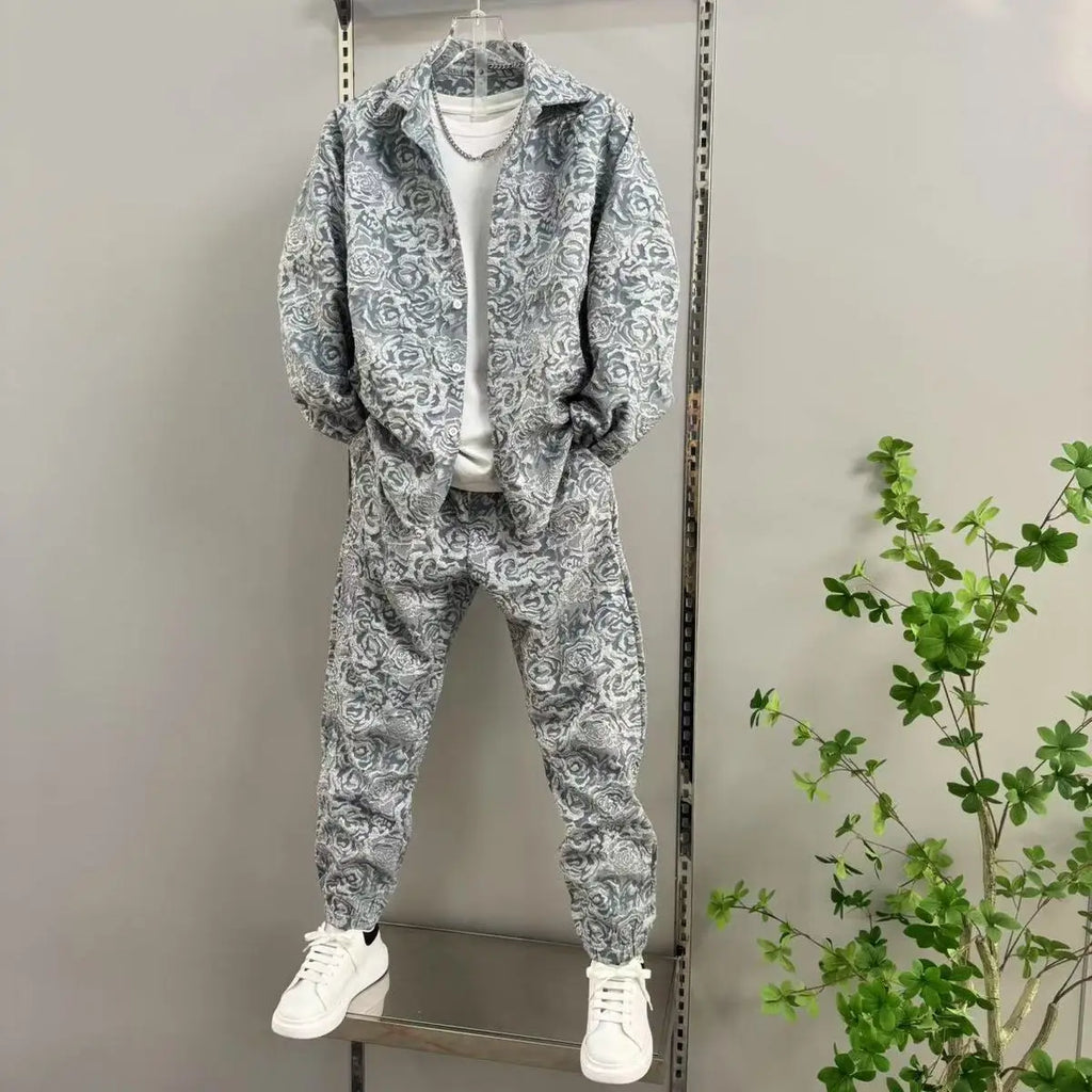 Men's Sporty Lapel Jacquard Long Sleeve Shirt & Pants 2-Piece Set – Spring Autumn Fashion