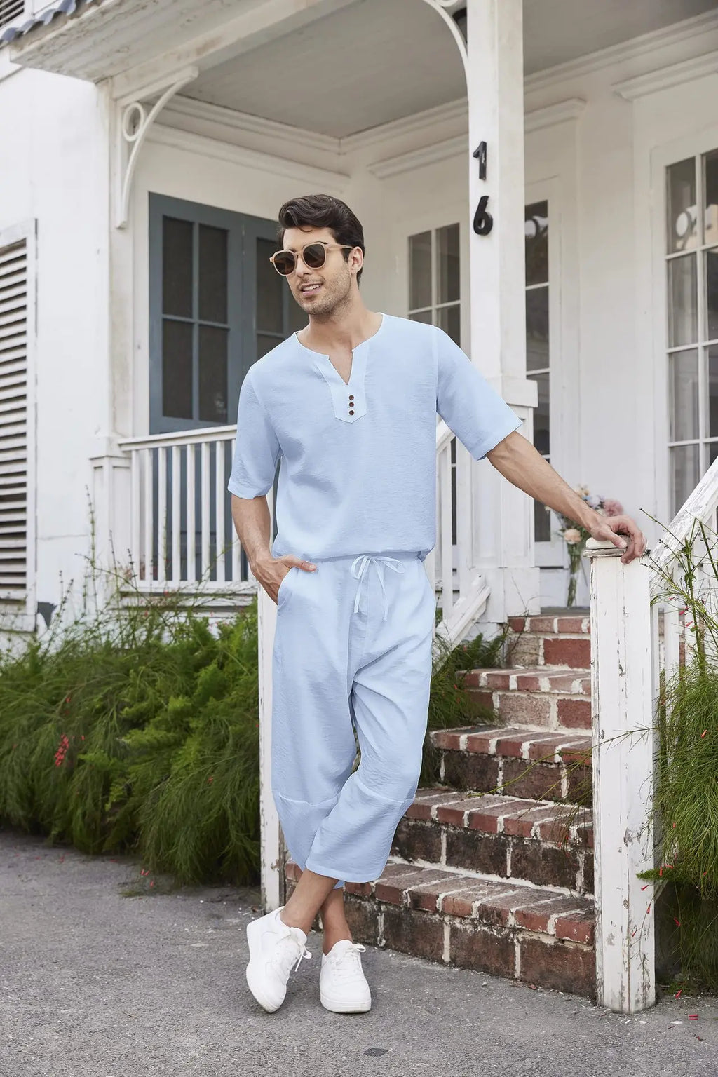 Men's Cotton Linen Short Sleeve Shirt & Shorts Set – Breathable Casual Beach Pajama 2-Piece
