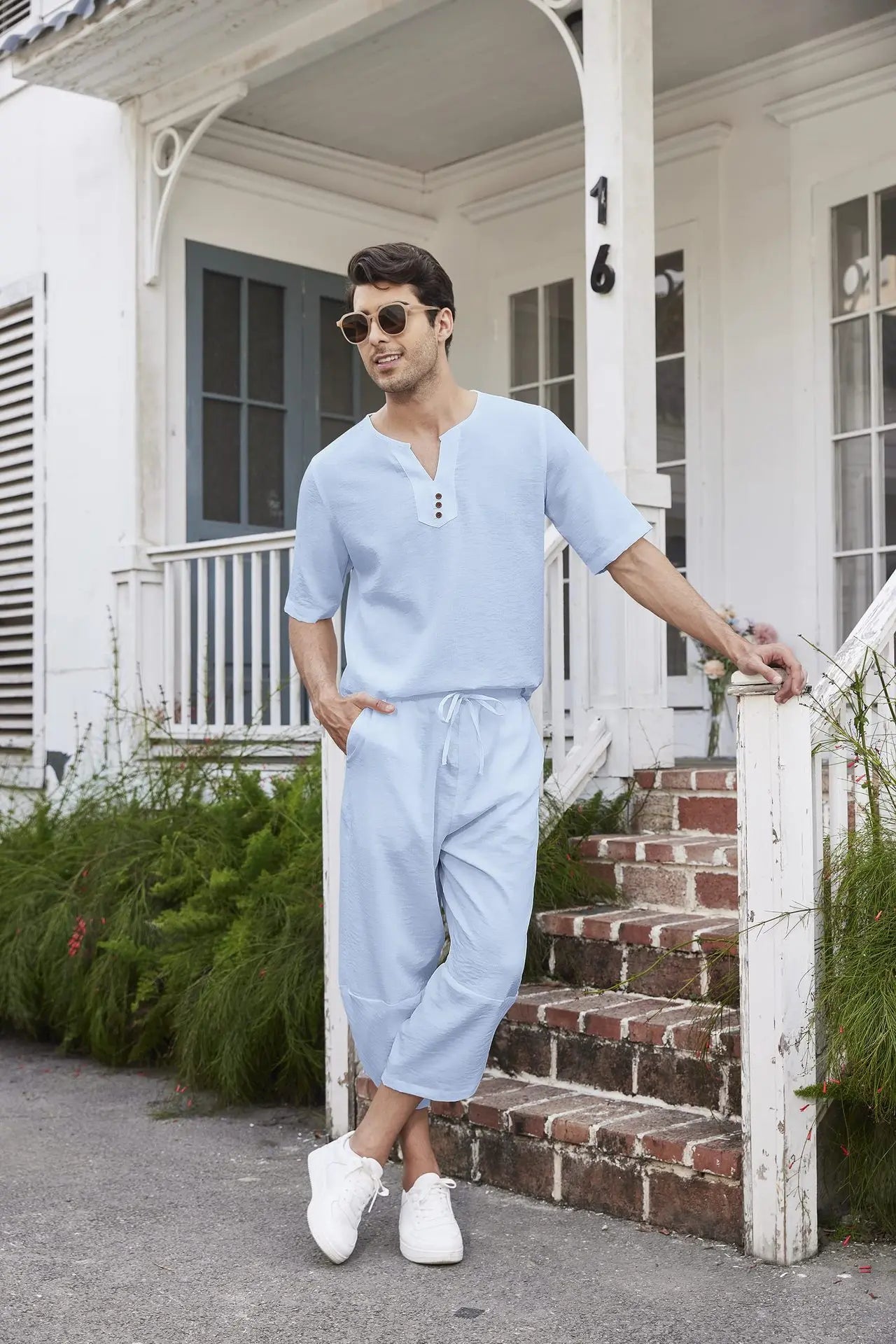 Men's Cotton Linen Short Sleeve Shirt & Shorts Set – Breathable Casual Beach Pajama 2-Piece