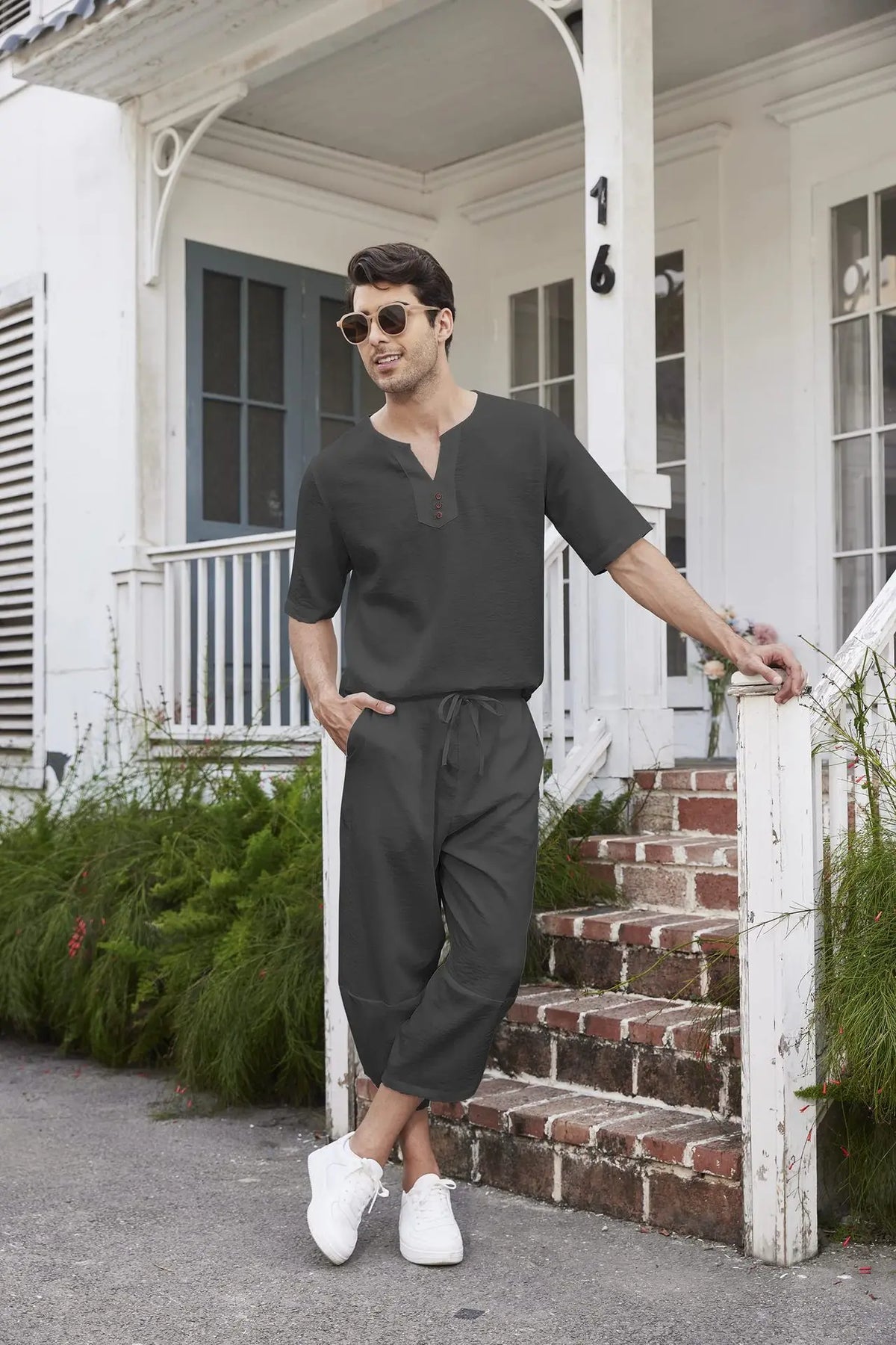 Men's Cotton Linen Short Sleeve Shirt & Shorts Set – Breathable Casual Beach Pajama 2-Piece