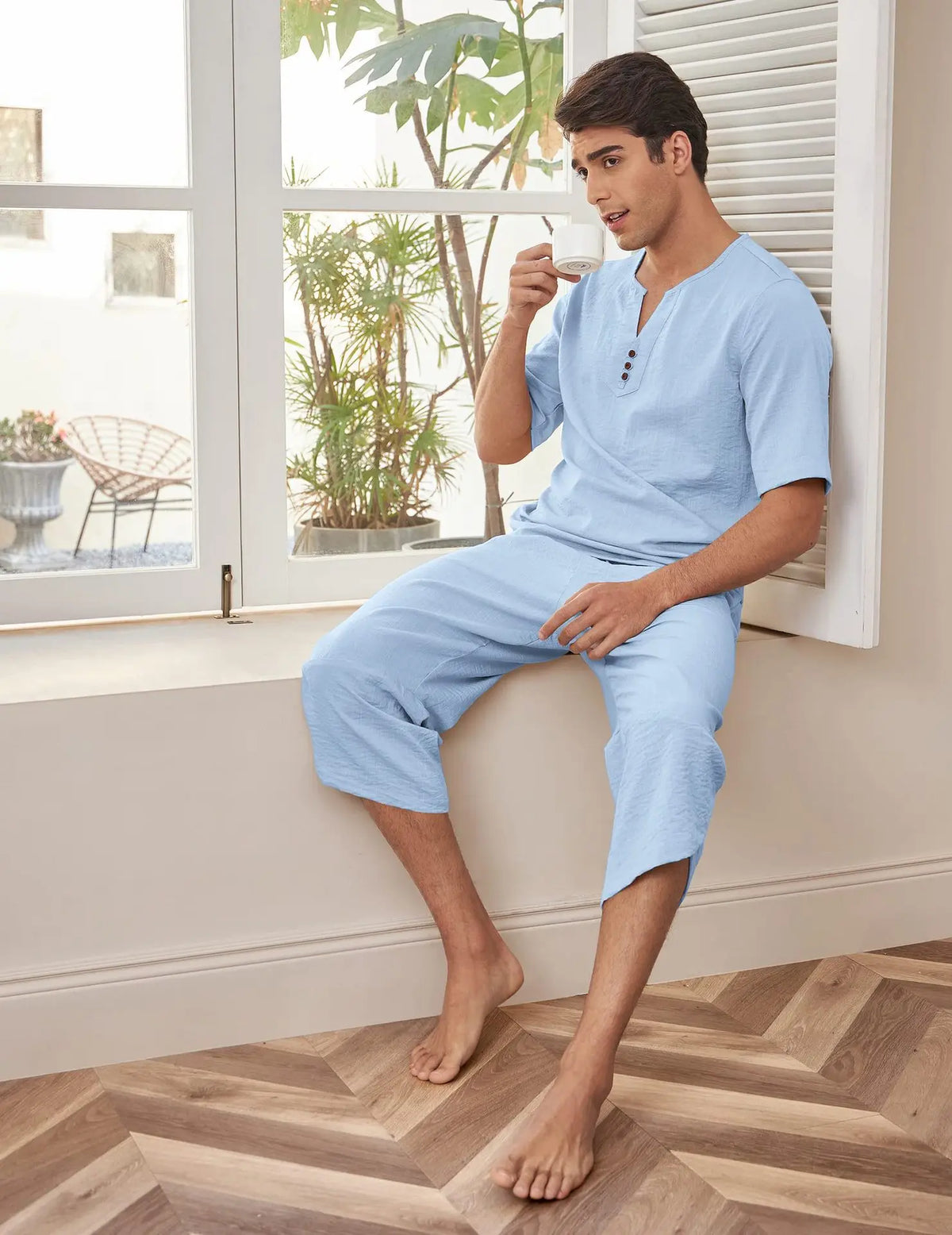 Men's Cotton Linen Short Sleeve Shirt & Shorts Set – Breathable Casual Beach Pajama 2-Piece