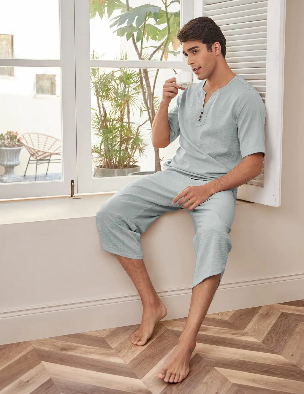 Men's Cotton Linen Short Sleeve Shirt & Shorts Set – Breathable Casual Beach Pajama 2-Piece