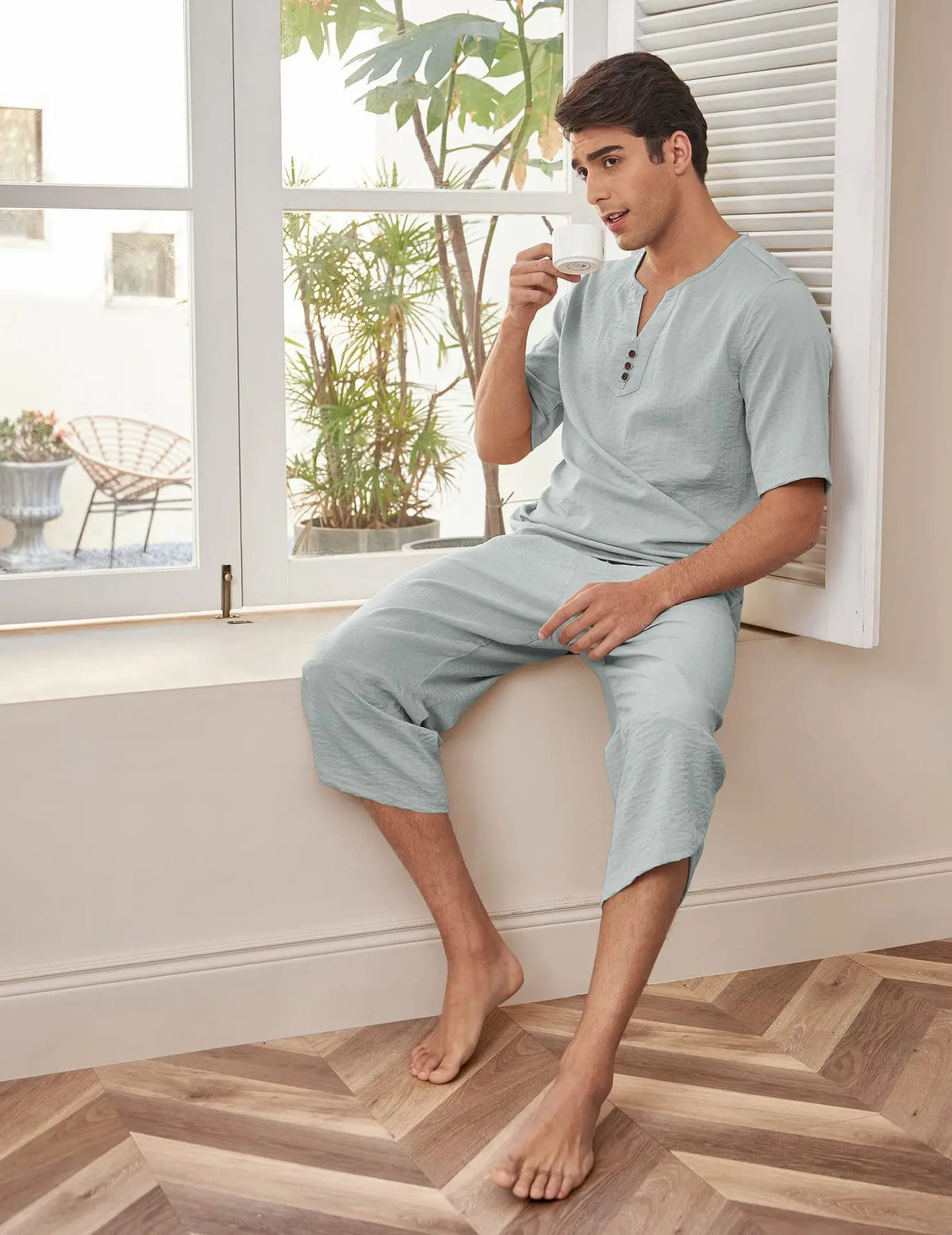 Men's Cotton Linen Short Sleeve Shirt & Shorts Set – Breathable Casual Beach Pajama 2-Piece