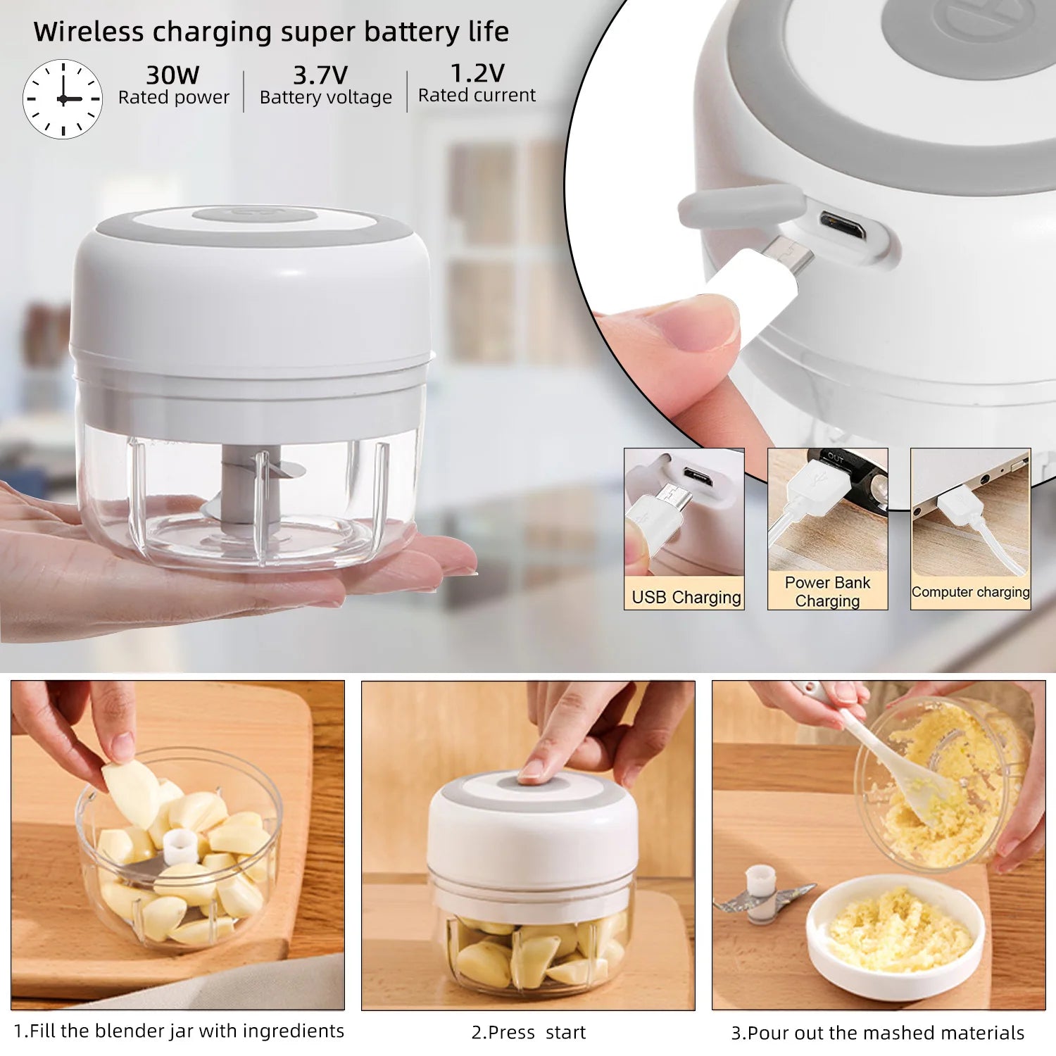 MYVIT USB Electric Mini Food Chopper — 30W Portable Garlic Masher & Vegetable Chopper, 250ml BPA-Free