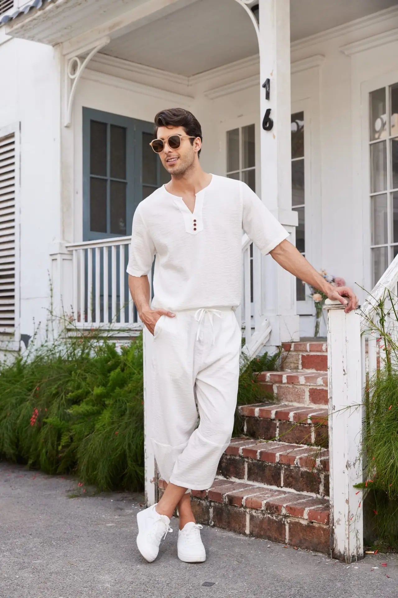 Men's Cotton Linen Short Sleeve Shirt & Shorts Set – Breathable Casual Beach Pajama 2-Piece