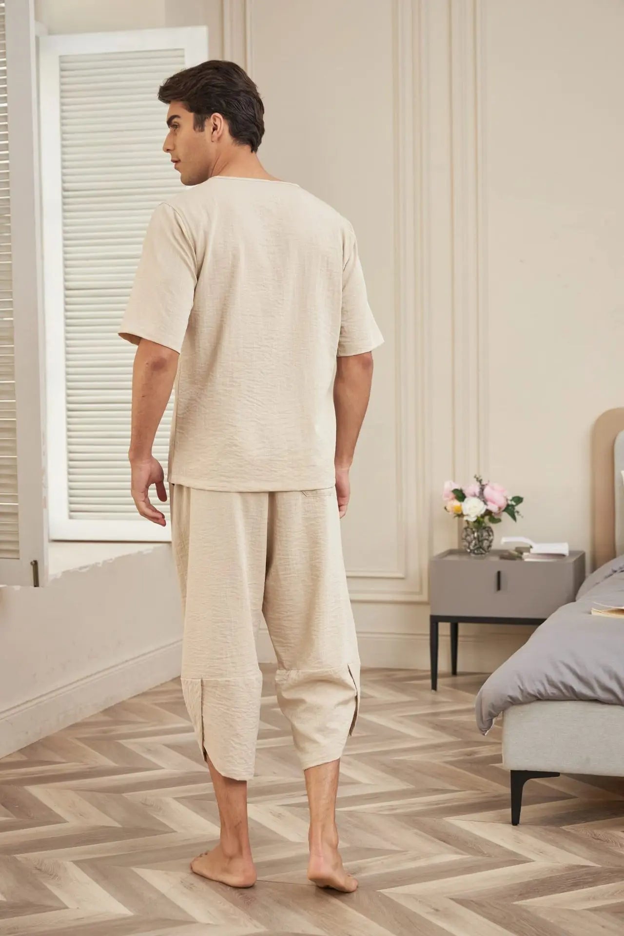 Men's Cotton Linen Short Sleeve Shirt & Shorts Set – Breathable Casual Beach Pajama 2-Piece