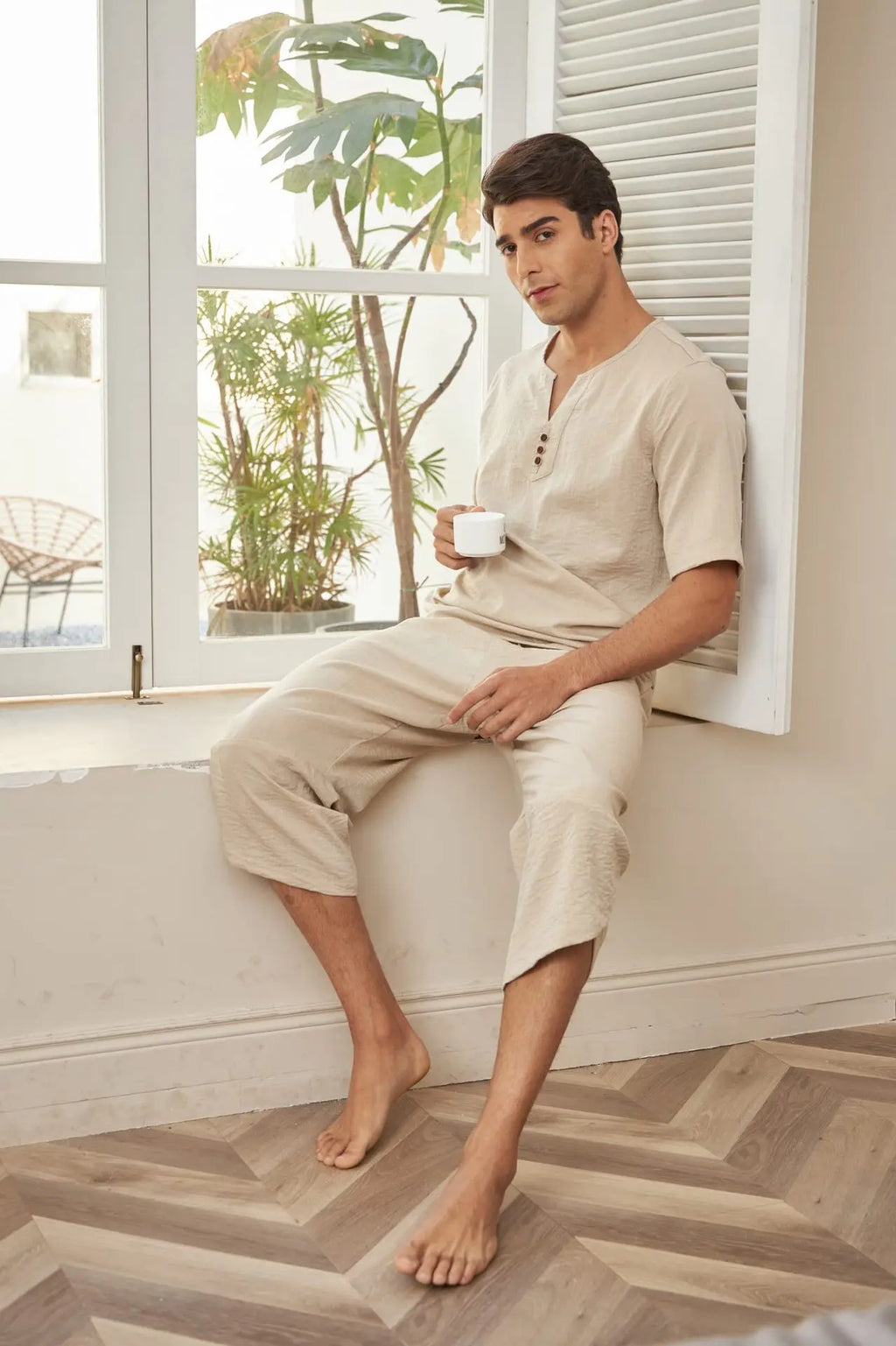 Men's Cotton Linen Short Sleeve Shirt & Shorts Set – Breathable Casual Beach Pajama 2-Piece
