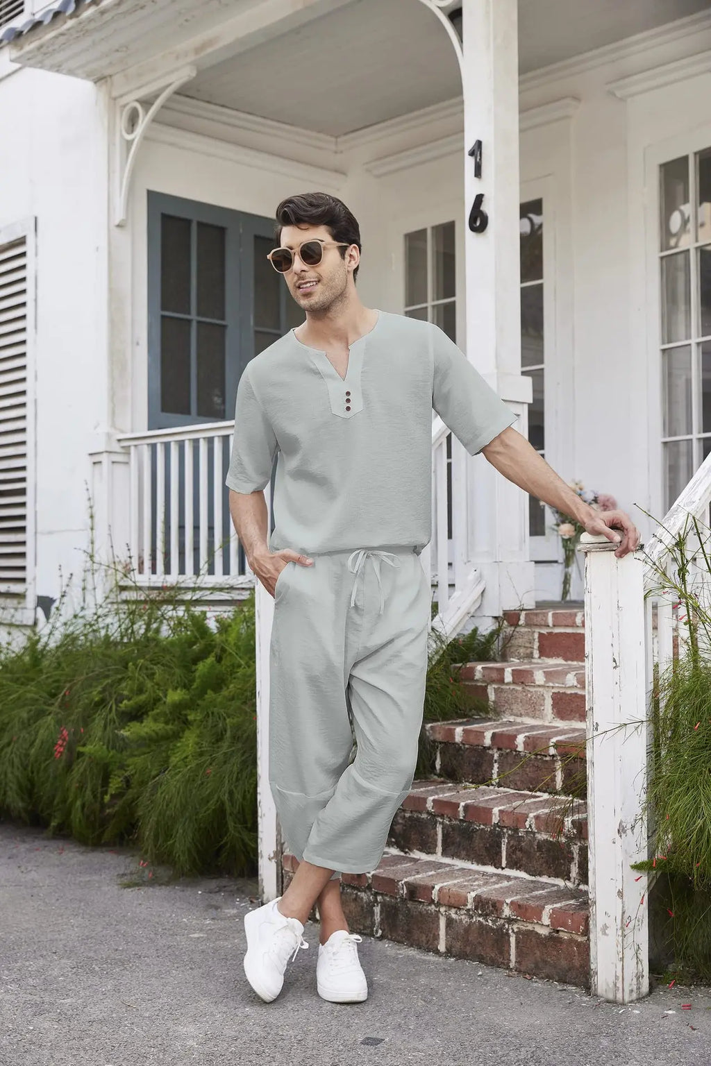 Men's Cotton Linen Short Sleeve Shirt & Shorts Set – Breathable Casual Beach Pajama 2-Piece