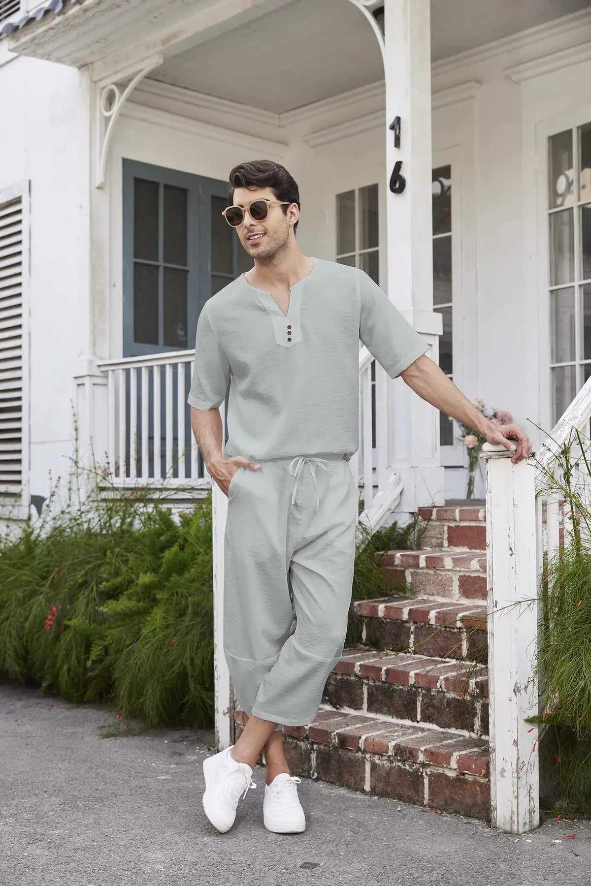 Men's Cotton Linen Short Sleeve Shirt & Shorts Set – Breathable Casual Beach Pajama 2-Piece
