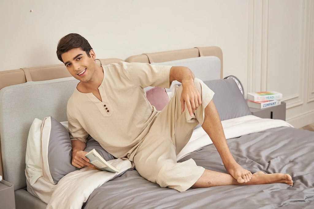 Men's Cotton Linen Short Sleeve Shirt & Shorts Set – Breathable Casual Beach Pajama 2-Piece