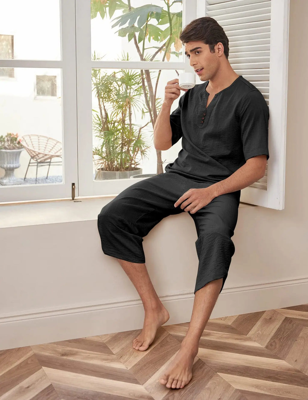 Men's Cotton Linen Short Sleeve Shirt & Shorts Set – Breathable Casual Beach Pajama 2-Piece