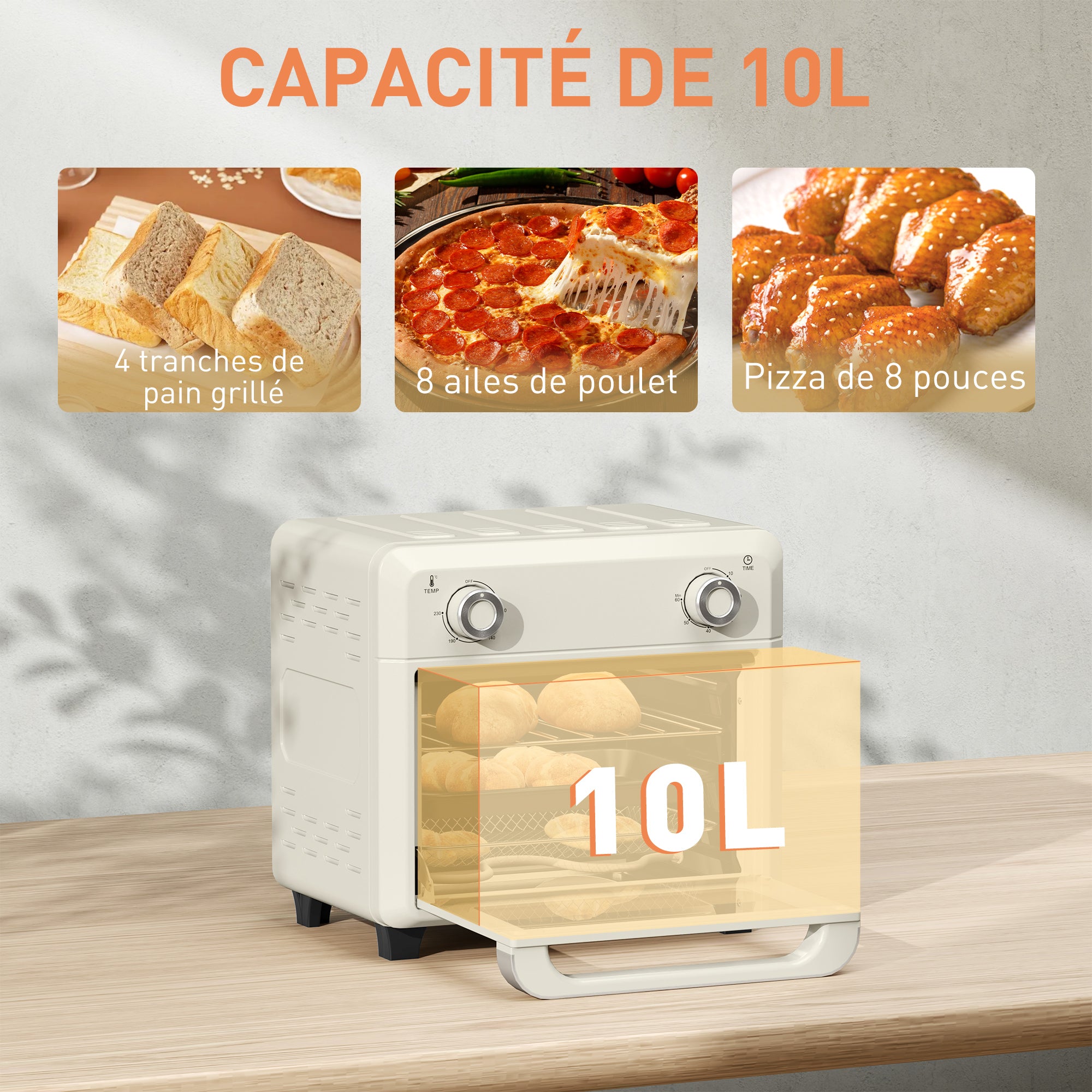 HOMCOM 10L Mini Hot Air Oven & Oil-Free Deep Fryer – 60-Min Timer, 80-230°C, Plate & Baking Grid, Cream