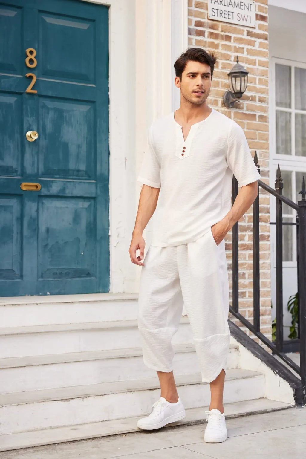 Men's Cotton Linen Short Sleeve Shirt & Shorts Set – Breathable Casual Beach Pajama 2-Piece
