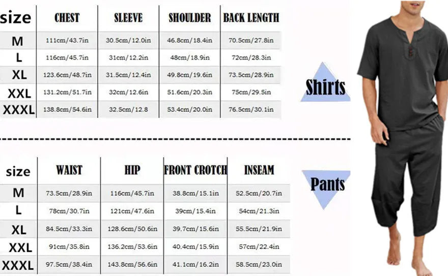 Men's Cotton Linen Short Sleeve Shirt & Shorts Set – Breathable Casual Beach Pajama 2-Piece