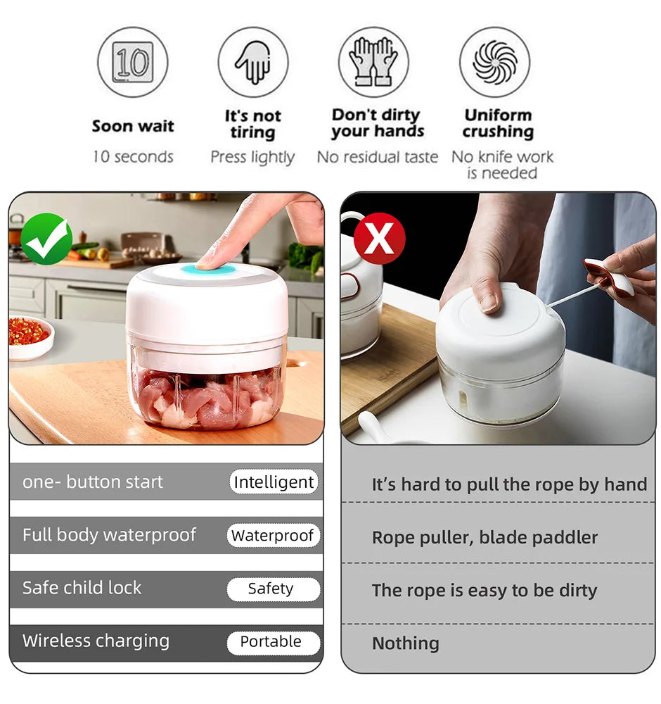 MYVIT USB Electric Mini Food Chopper — 30W Portable Garlic Masher & Vegetable Chopper, 250ml BPA-Free