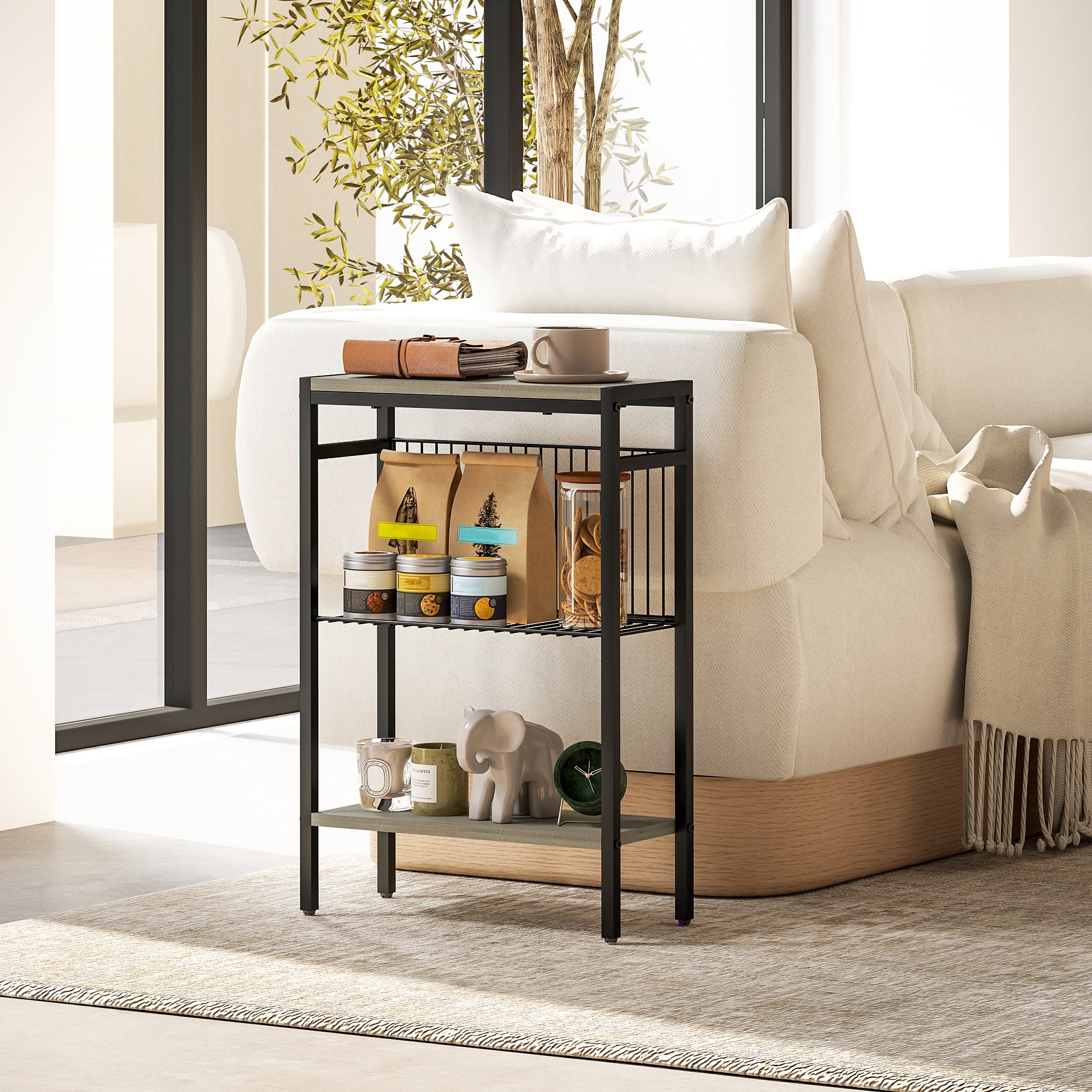 Homcom Narrow Side Table with 3 Levels with Open Shelves and Steel Structure for Living Room Bedroom 43X18X62.5Cm