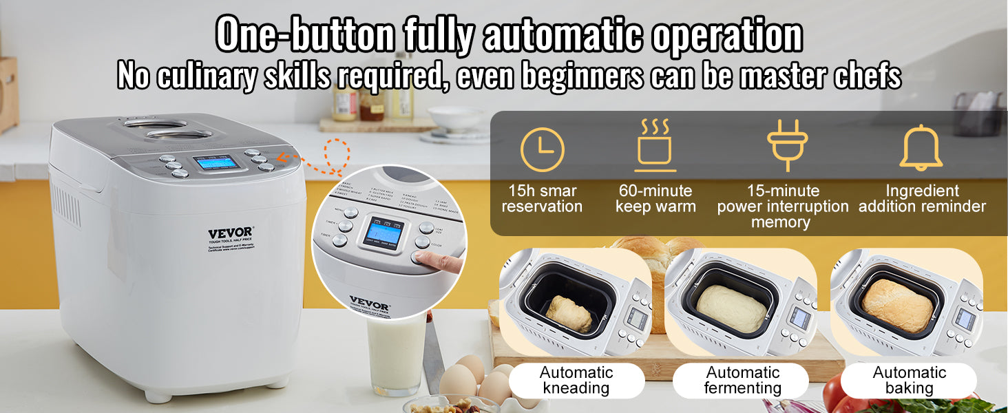 15-in-1 Automatic Bread Maker — 2/3 lb Dough Machine, Nonstick Ceramic Pan, Gluten-Free Setting