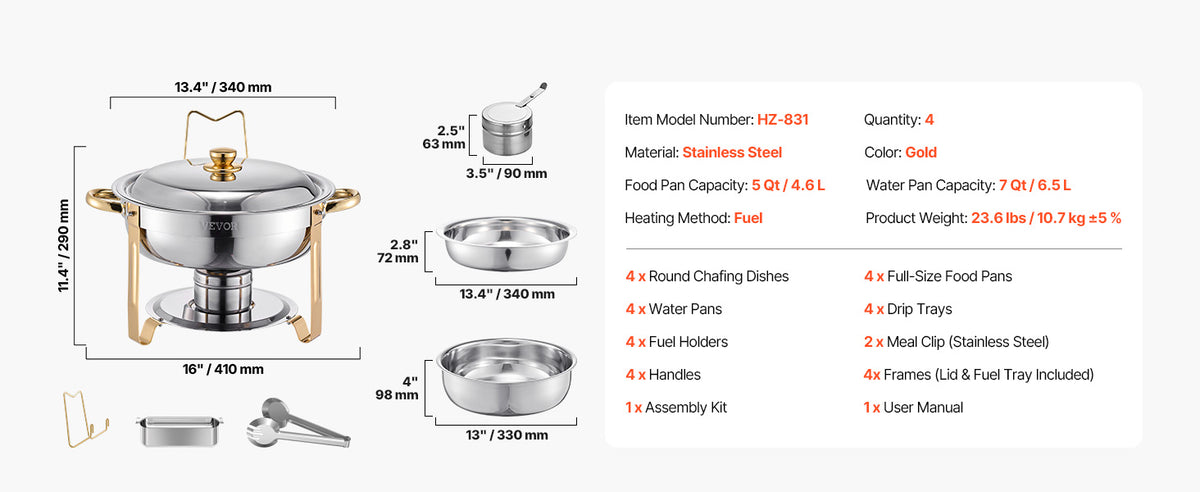 4-Pack Stainless Steel Chafing Dish Buffet Set – Full Size Catering Warmer for Parties