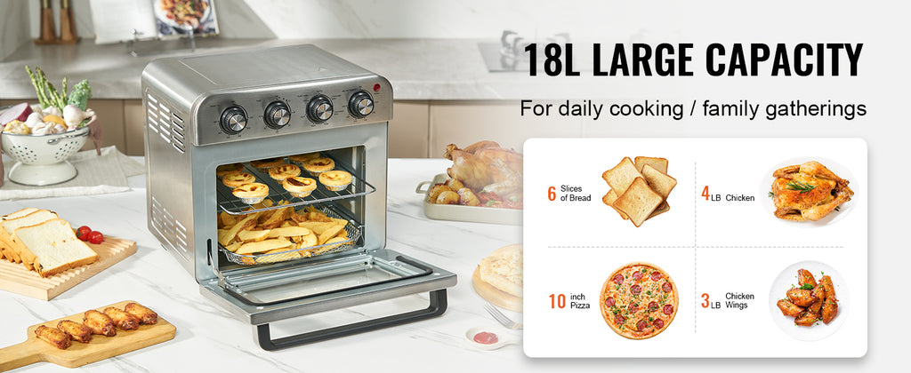 18L Air Fryer Toaster Oven 1700W — Stainless Steel Countertop Combo with Grill
