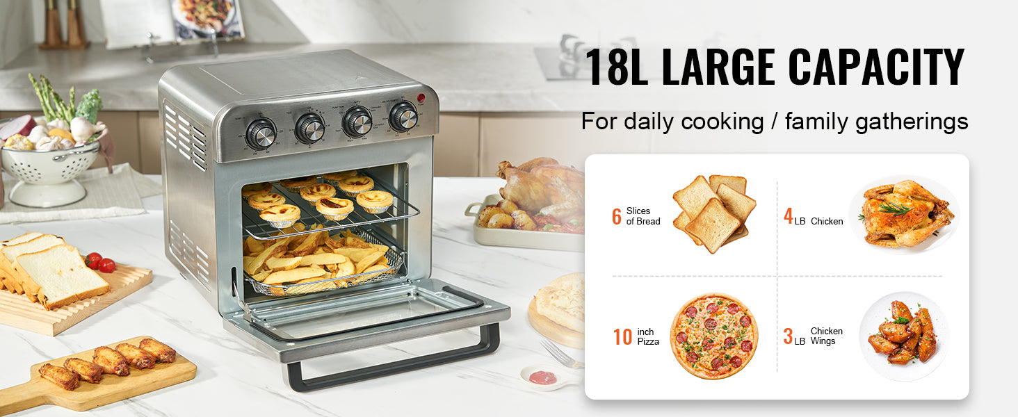 18L Air Fryer Toaster Oven 1700W — Stainless Steel Countertop Combo with Grill
