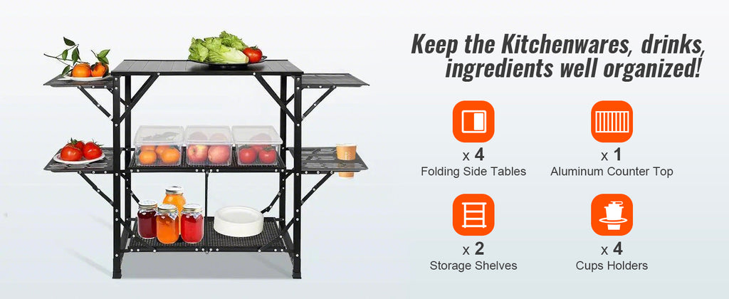 SucceBuy Folding Camping Kitchen Table — Portable Aluminum Cook Station for Outdoor BBQ & Picnics