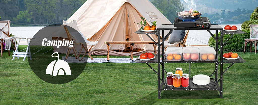 SucceBuy Folding Camping Kitchen Table — Portable Aluminum Cook Station for Outdoor BBQ & Picnics